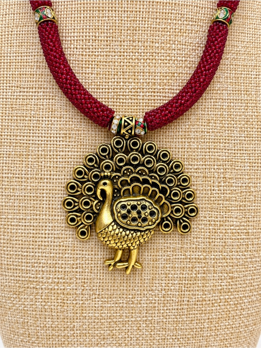 Antique Gold Tone Indian Peacock Pendant Necklace with Burgundy Beads
